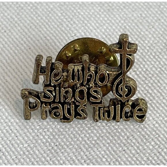 unbranded Jewelry - He Who Sings Prays Twice Christian Cross Gold Tone Metal Vintage Pin A